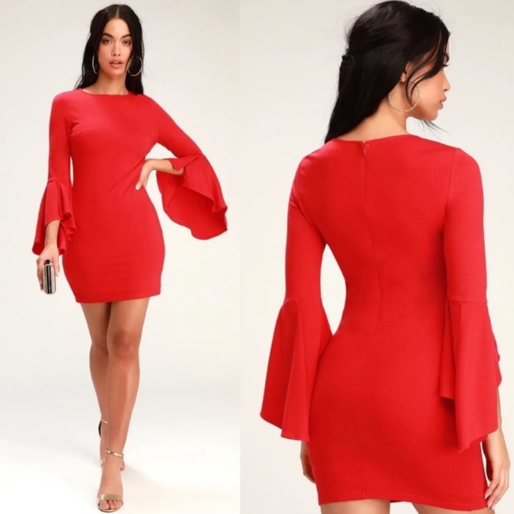 Lulus red body on bell sleeve dress